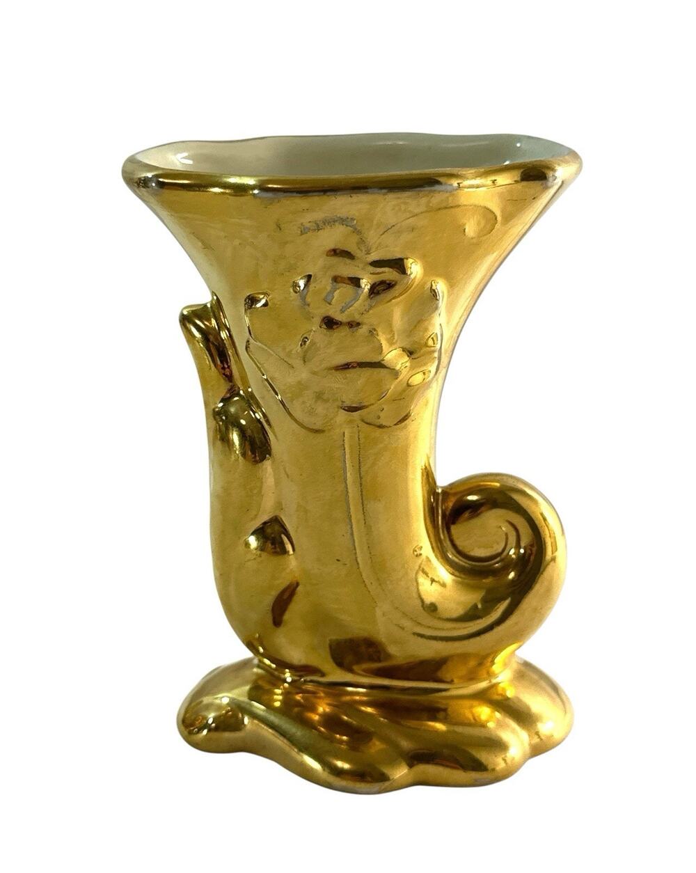 Vintage Gold Ceramic Vase 4.5” Mid Century Raised Rose Floral Hollywood Regency